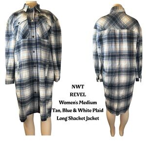 NWT REVEL Women's Tan, Blue & White Plaid Long Shacket Jacket Size Medium‎